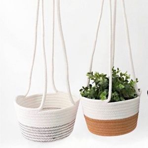 Hanging Rope Cotton Baskets TWO Planters Boho Mid Century Decor NEW